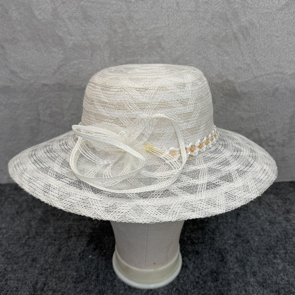 VTG‎ Hat Sun Womens OS White Mesh Wide Brim Bow Sequin Derby Church Wedding